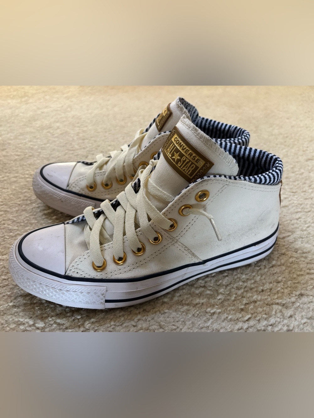Converse Cream High-Top Sneakers with Navy Stripe Liner